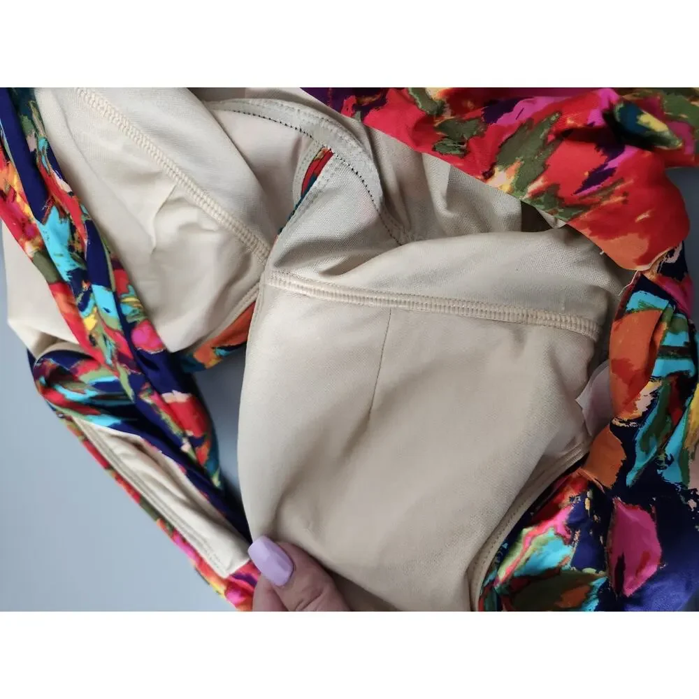 Sea Angel Swimsuit Size Small Blue Floral Monet Deep V Neck Wrap Back One Piece - Picture 5 of 6